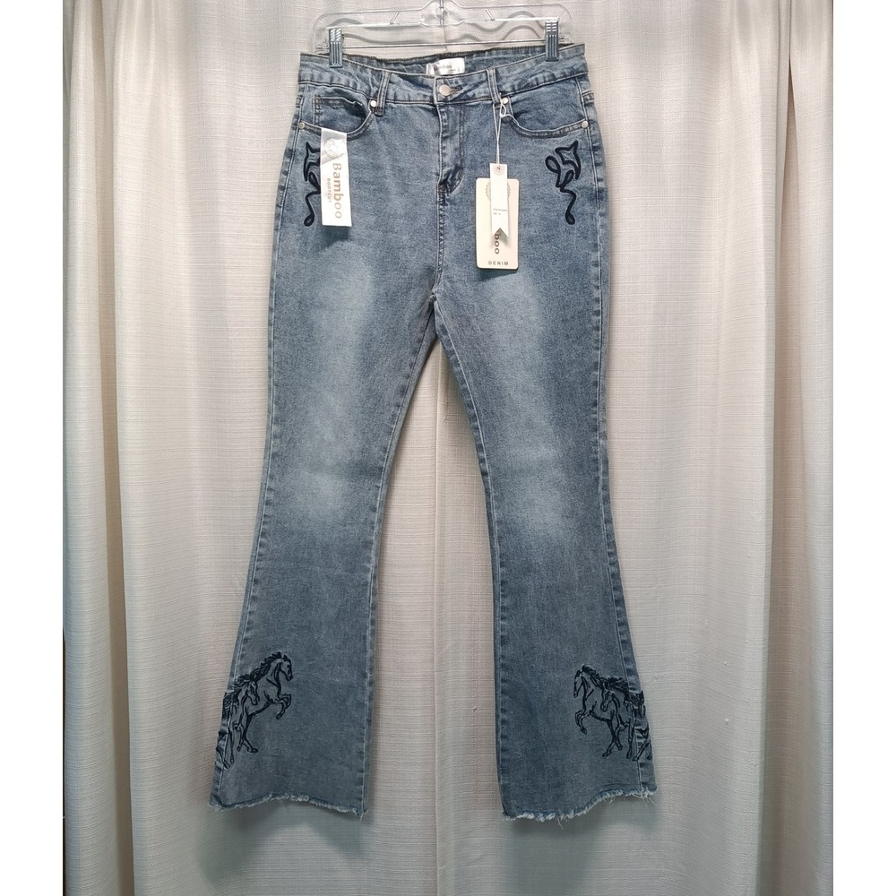 Bamboo Denim Womens Horse Embroidered Bootcut Jeans Light Wash Blue Size 15 NWT
